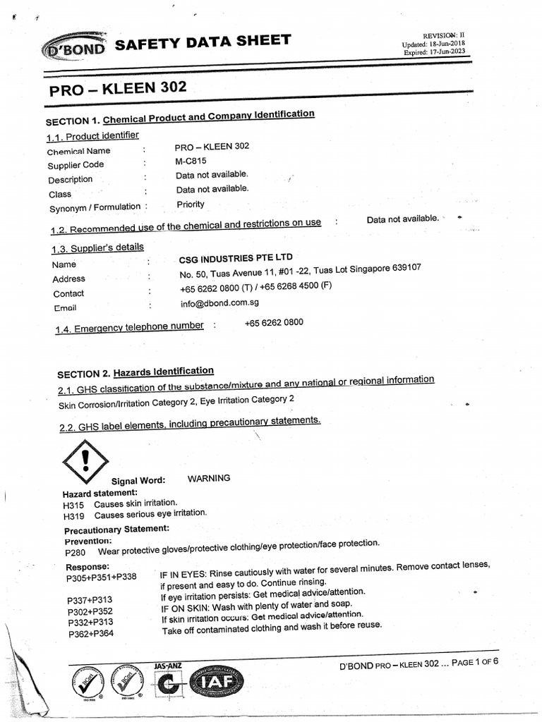 MSDS ProKleen 302 PDF