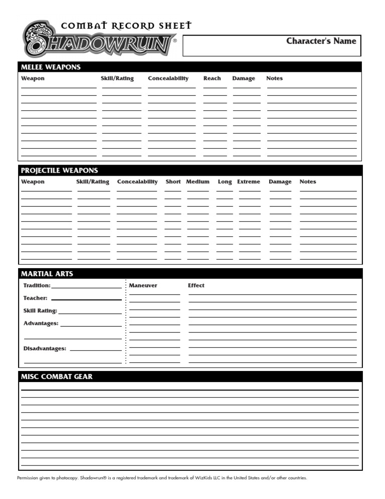 Shadowrun Combat Record Sheet | PDF