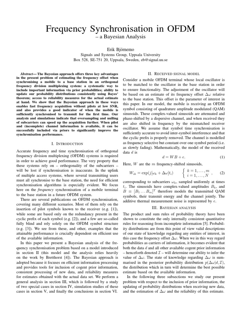 Frequency Synchronisation in OFDM: - A Bayesian Analysis | PDF ...