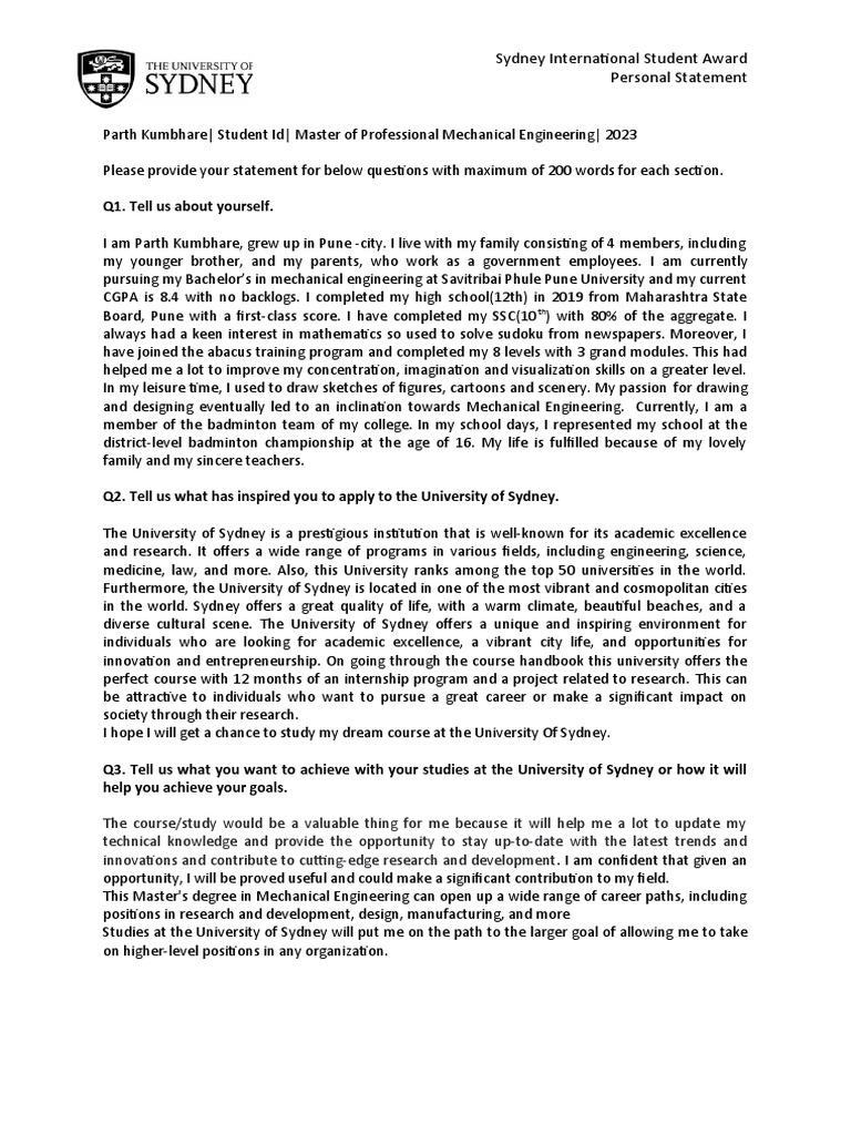 Sydney International Student Award Personal Statement Parth PDF
