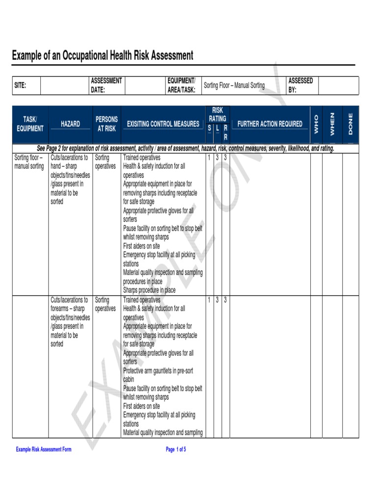 Example Health Risk Assessment PDF Occupational Safety And Health