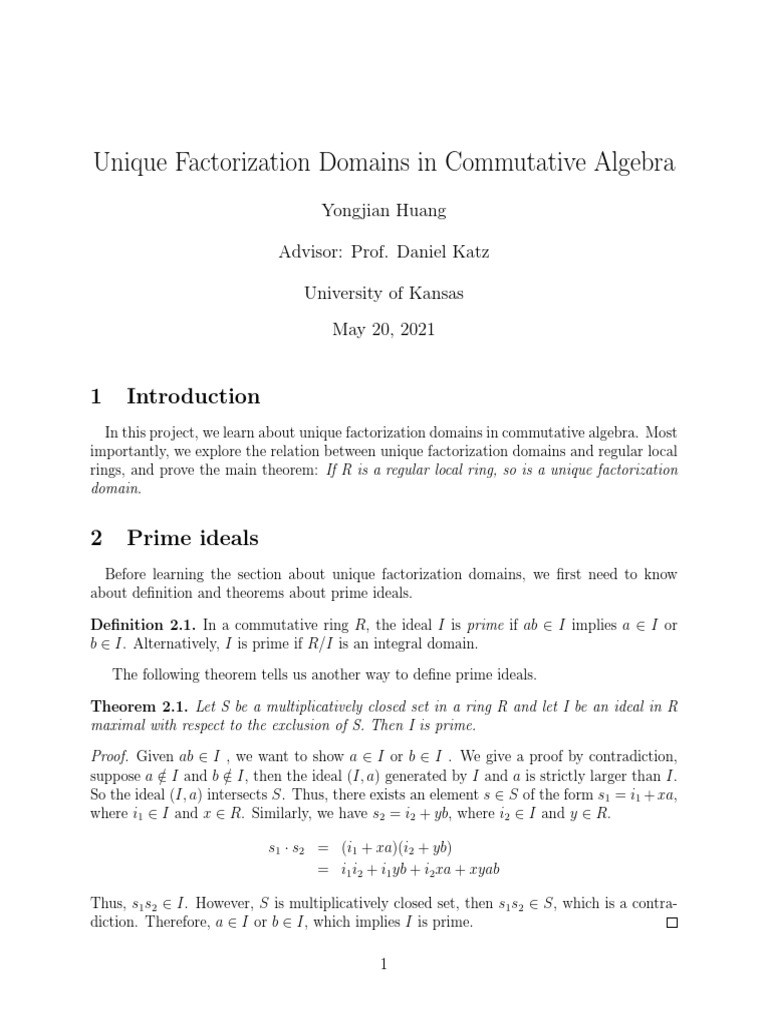 Unique Factorization Domains in Commutative Algebra | PDF | Ring ...
