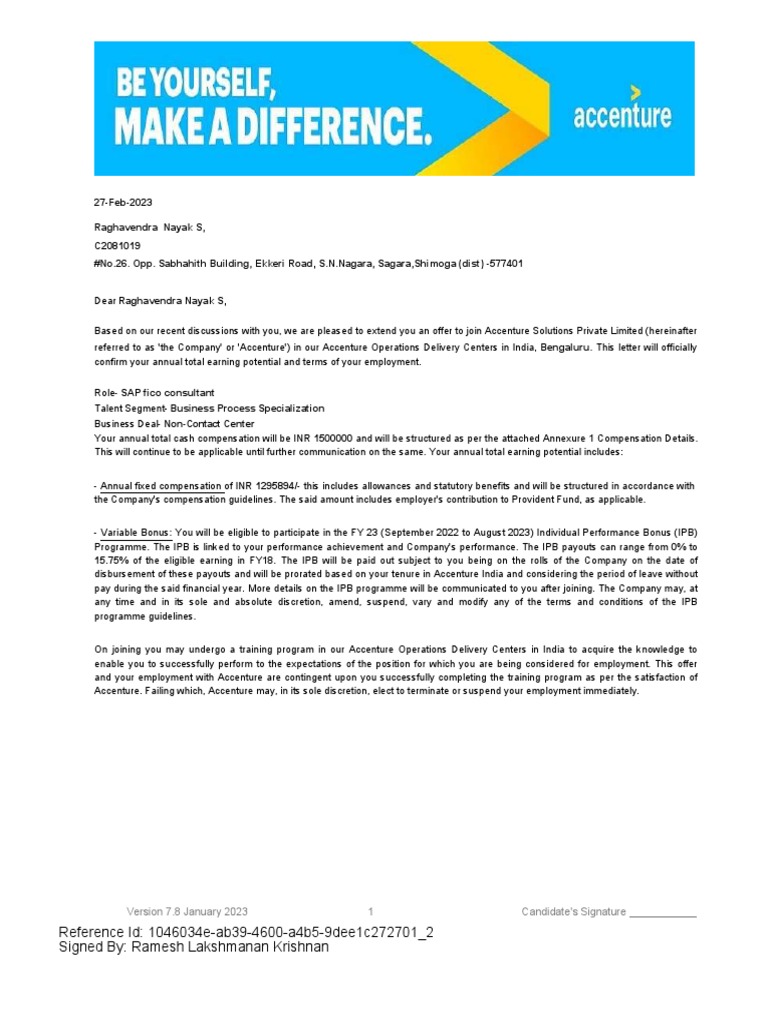 Offer letter for the role of sap fico consultant at accenture solutions