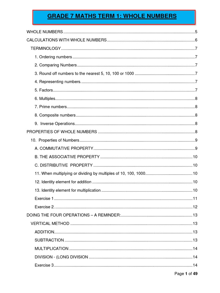Grade 7 Maths: Whole Numbers Guide | PDF | Exponentiation | Multiplication