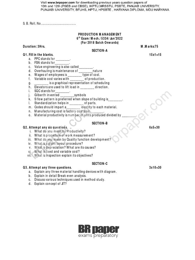 Production Management Exam Paper 2022 | PDF | Business | Business Process