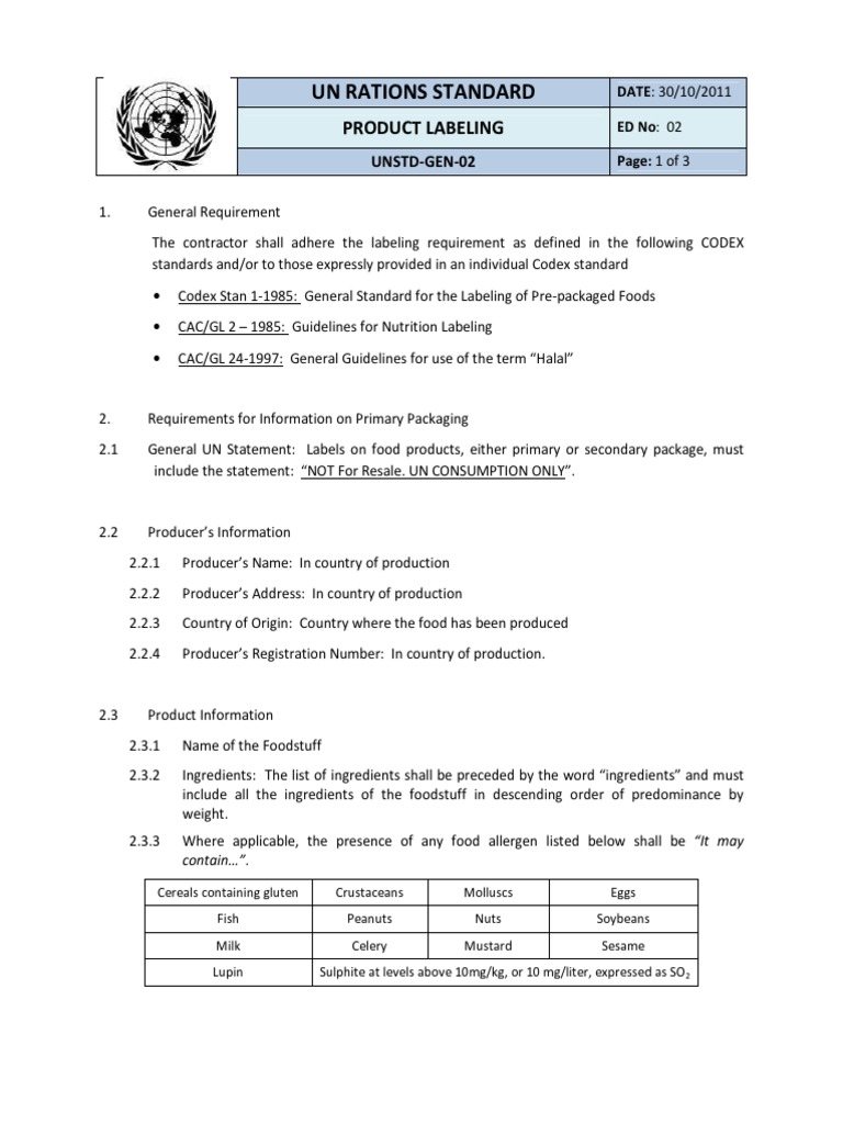 UN Rations Product Labeling Standards | PDF | Nutrition | Diet & Nutrition