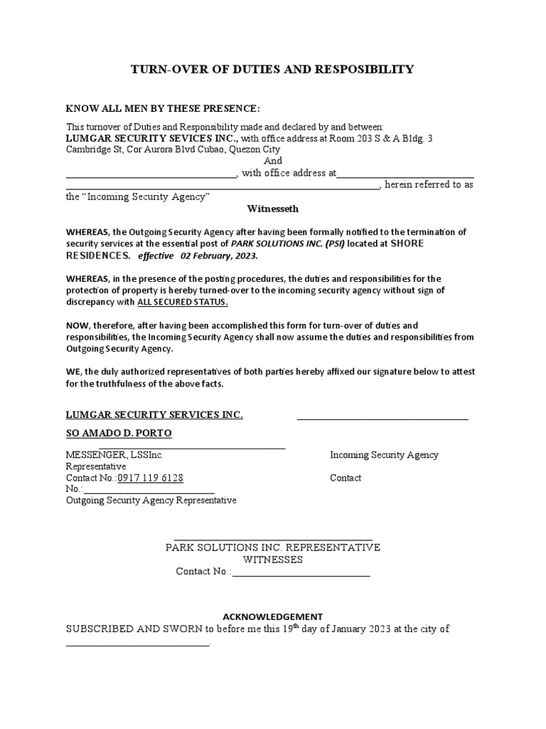 Security Duties Turnover Agreement | PDF | Business | Finance & Money ...