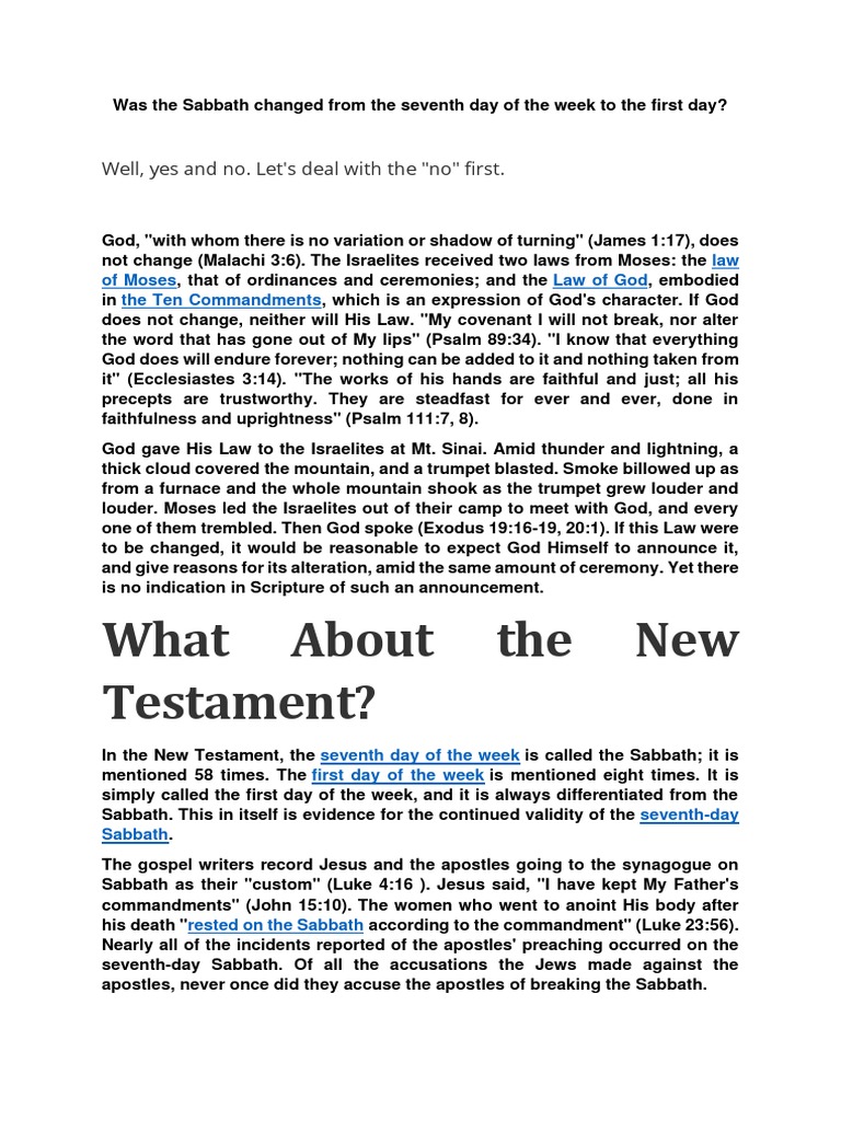 Was The Sabbath Changed From The Seventh Day Of The Week To The First