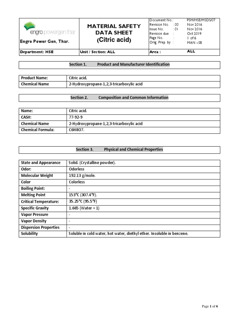 07 msds citric acid pdf chemistry physical sciences