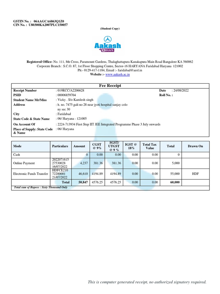 Aakash Fees Payment PDF Receipt Market (Economics)