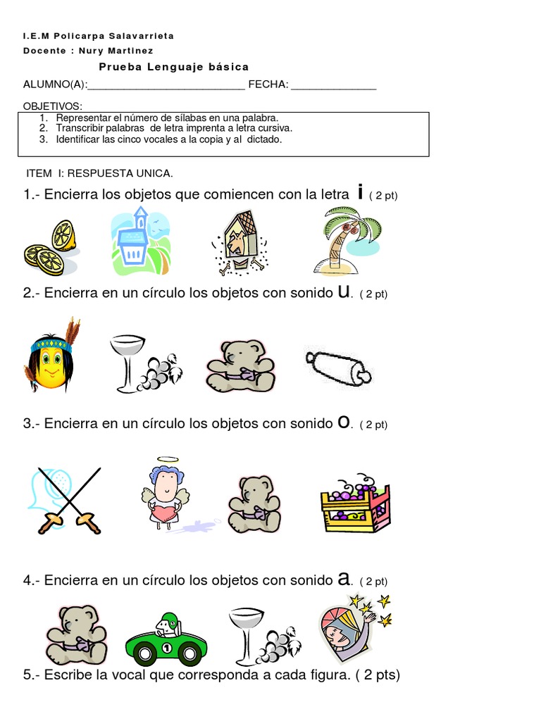Prueba Vocales | PDF | Artes del Lenguaje y Comunicación | Estudios de ...