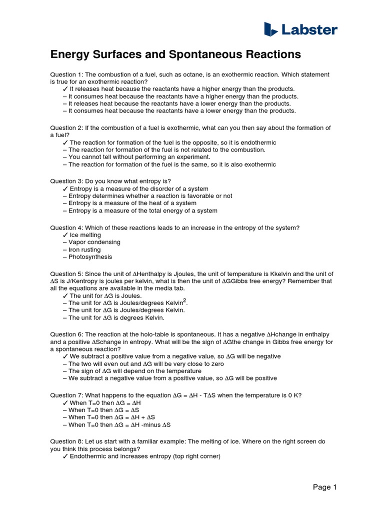 Questions Energy Surfaces and Spontaneous Reactions PDF Chemical