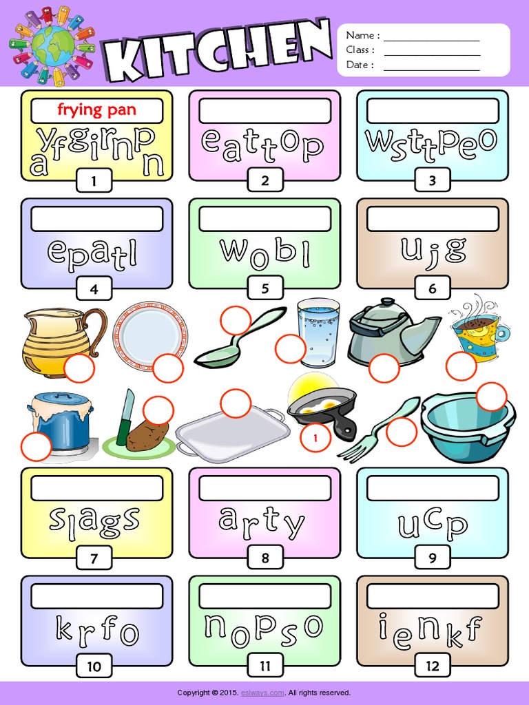 Kitchen Esl Vocabulary Unscramble The Words Worksheet For Kids PDF