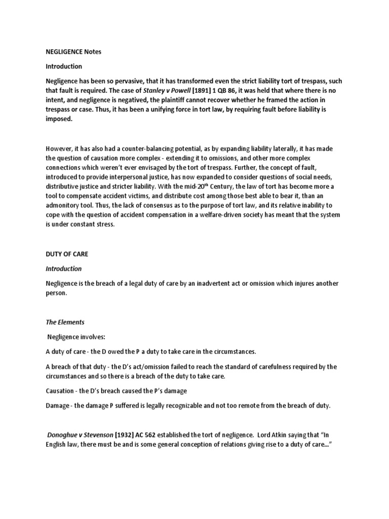 Canadian Tort Negligence Overview | PDF | Negligence | Duty Of Care