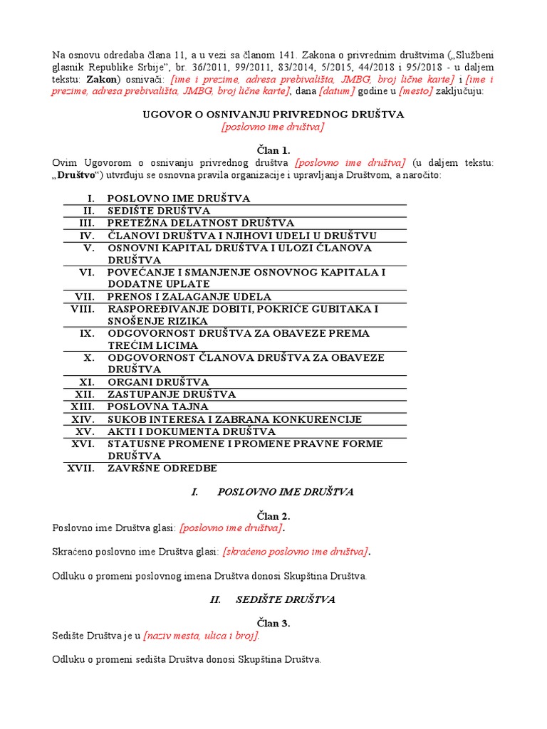 UGOVOR O OSNIVANJU PRIVREDNOG DRUŠTVA | PDF