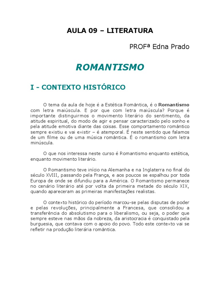 Aula 09 Literatura Romantismo | PDF | Romantismo