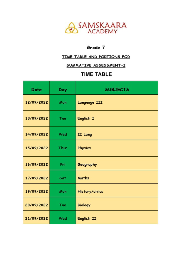 Time Table &portions (Grade 7) PDF
