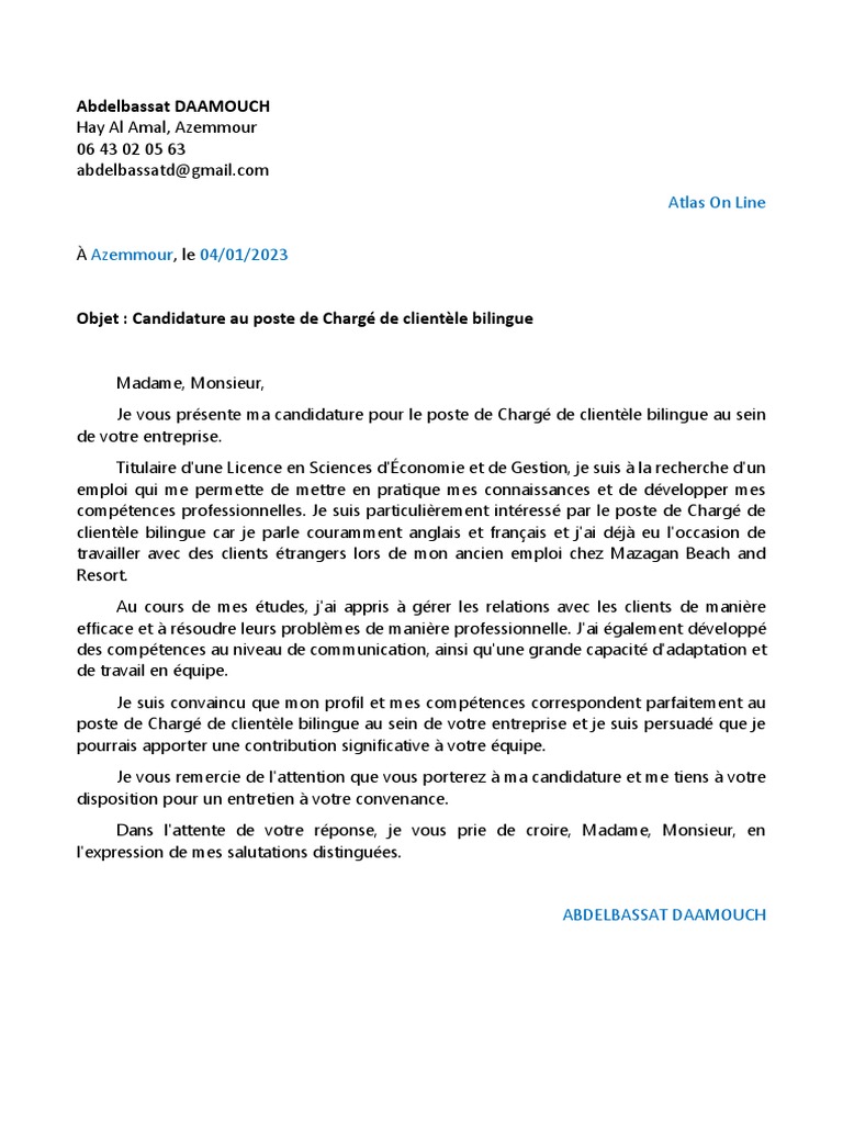 Lettre de motivation pour Chargé de clientèle bilingue | PDF