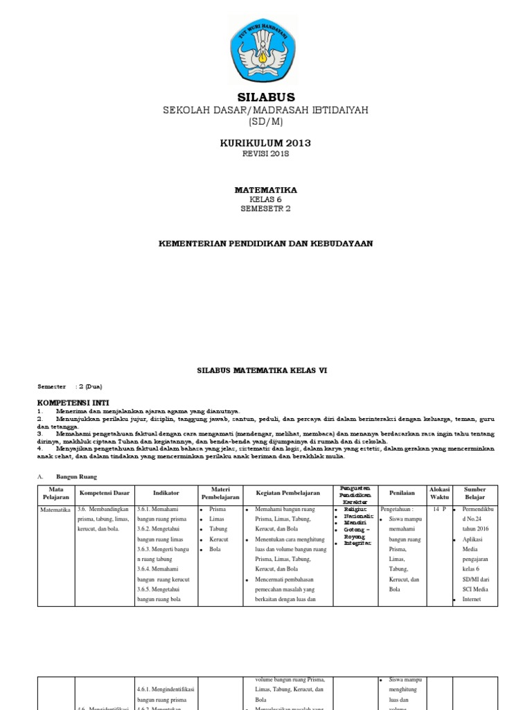 Silabus Matematika Kelas 6 Semester 2 Pdf