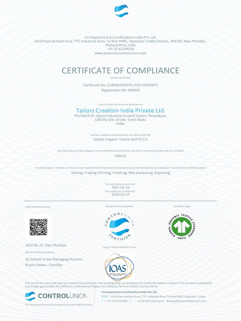 TCPL GOTS - Scope - Certificate - 2020-01-27 12 - 34 - 19 UTC | PDF ...