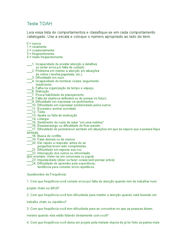 Teste TDAH ADULTO Descargar gratis PDF Transtorno de déficit de