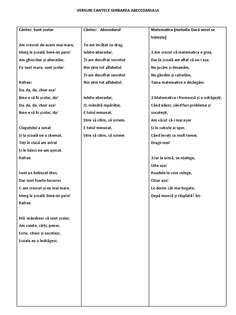 Versuri Cantece Serbarea Abecedarului | PDF
