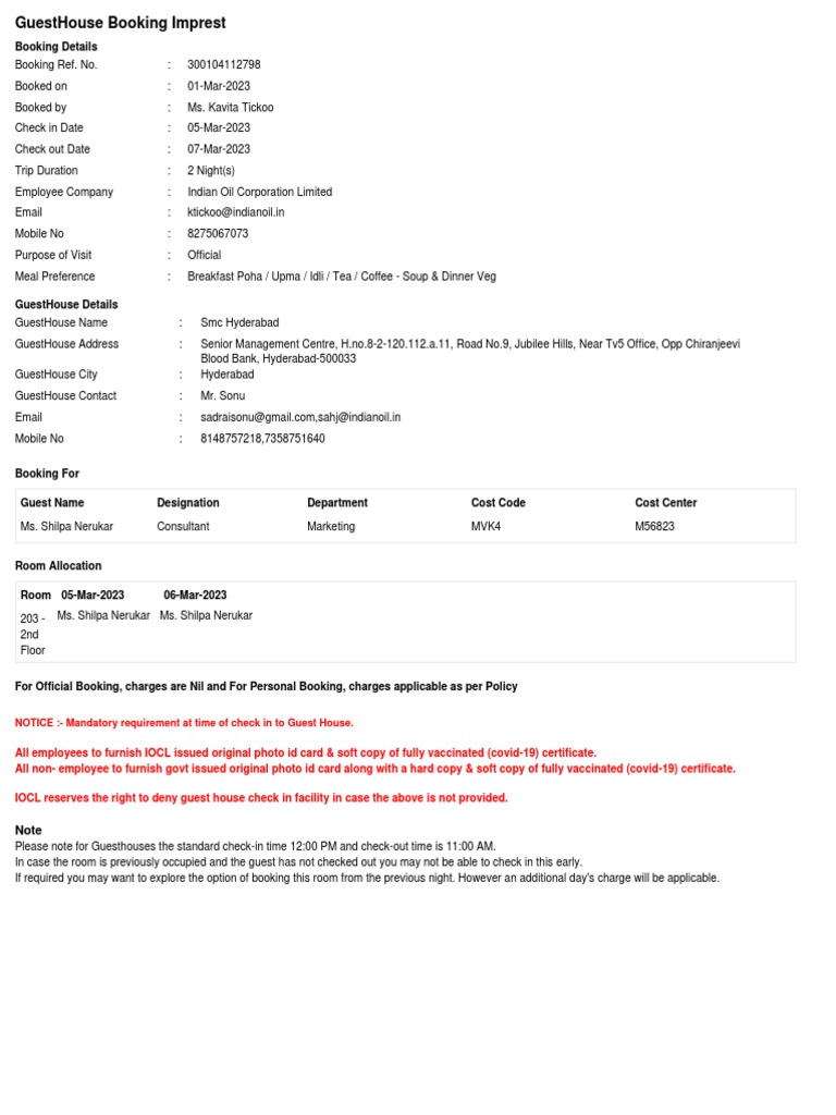 IOCL Guest House Booking Details | PDF
