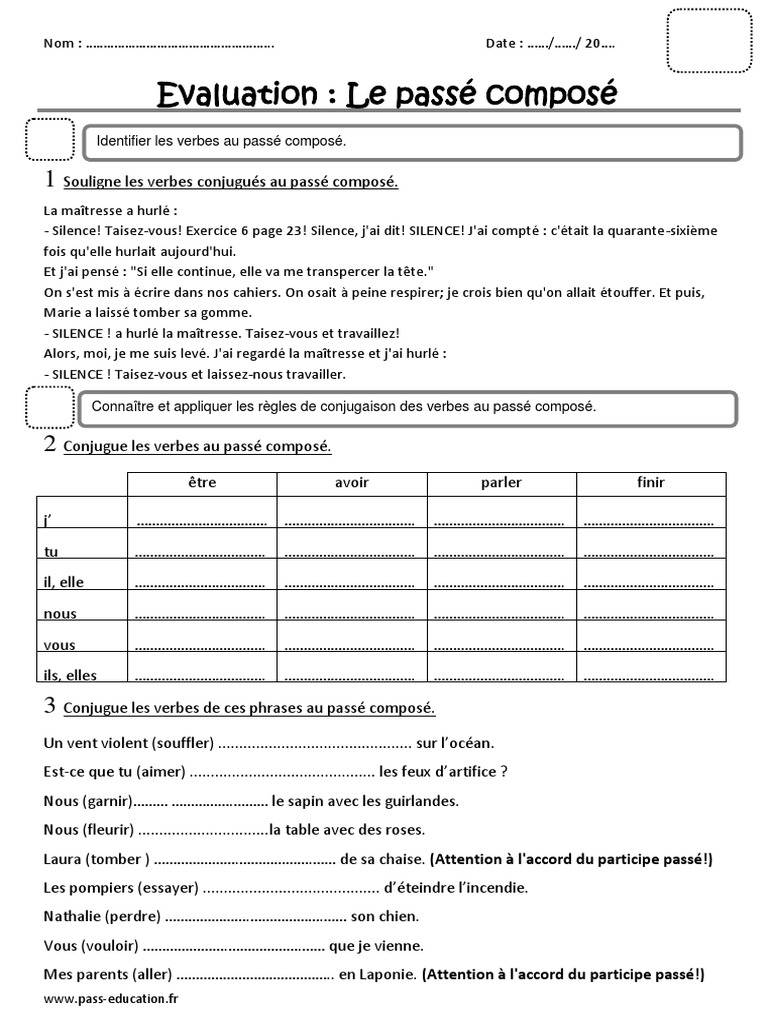 Exercice Sur Le Passé Composé Ce2 Passe Compose Ce2 Evaluation | PDF