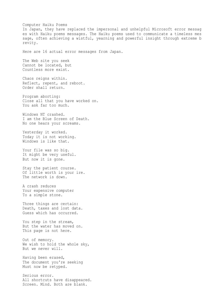 Haiku Reflections on Computer Errors | PDF | Microsoft Windows ...