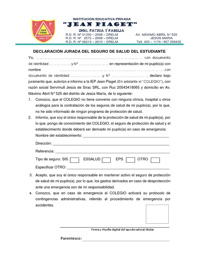Declaración Jurada de Seguro de Salud | PDF