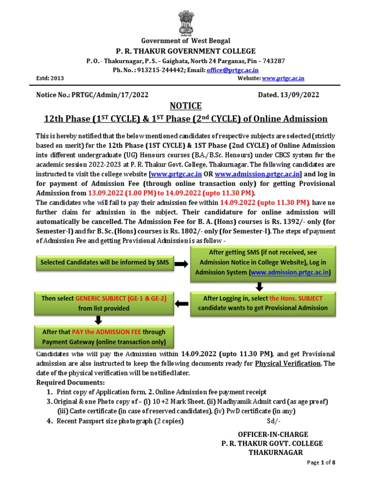 Online Admission Notice for UG Courses | PDF