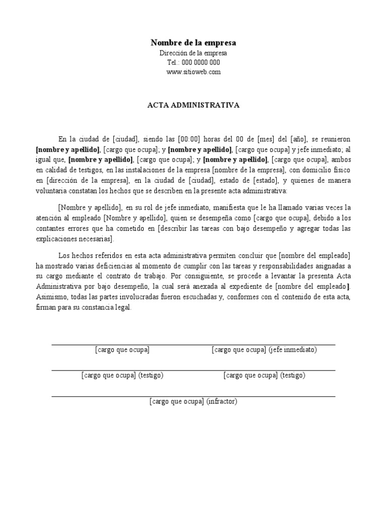 Formato de acta administrativa por bajo desempeno pdf