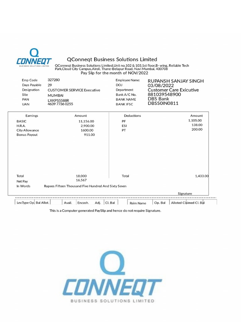 Q connect nov salary slip pdf