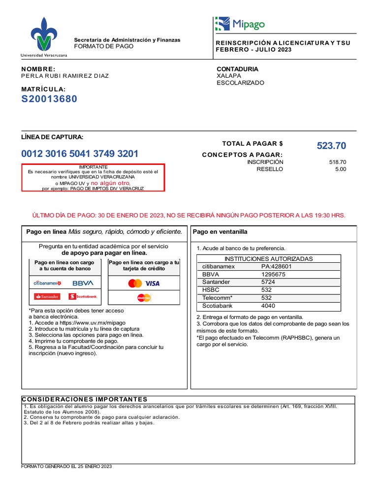 Instrucciones de Pago UV 2023 | PDF | Business | Bancos