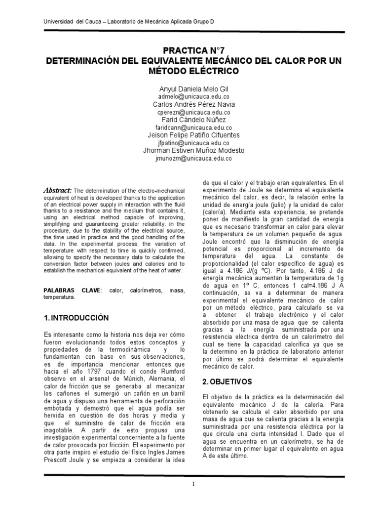 Equivalente Mecánico Del Calor PDF Calor Temperatura