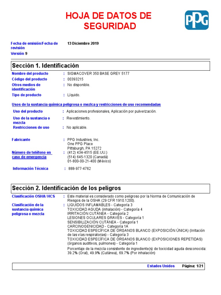 Hoja de Seguridad Sigmacover 350 PDF Ventilación (Arquitectura) Agua