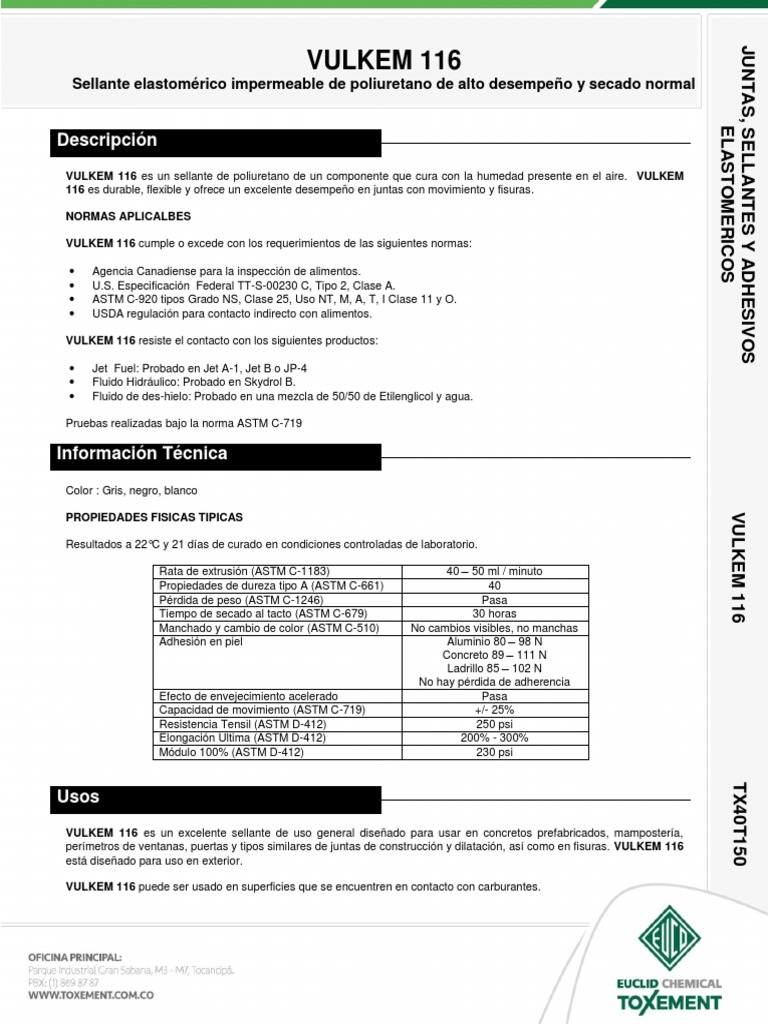 VULKEM 116: Sellante de Poliuretano | PDF | Materiales | Química