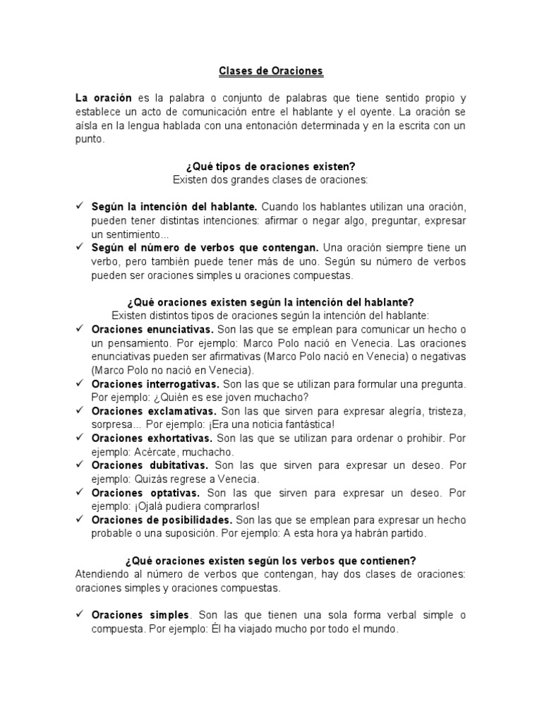 Tipos y Clases de Oraciones en Español | PDF | Artes del Lenguaje y ...