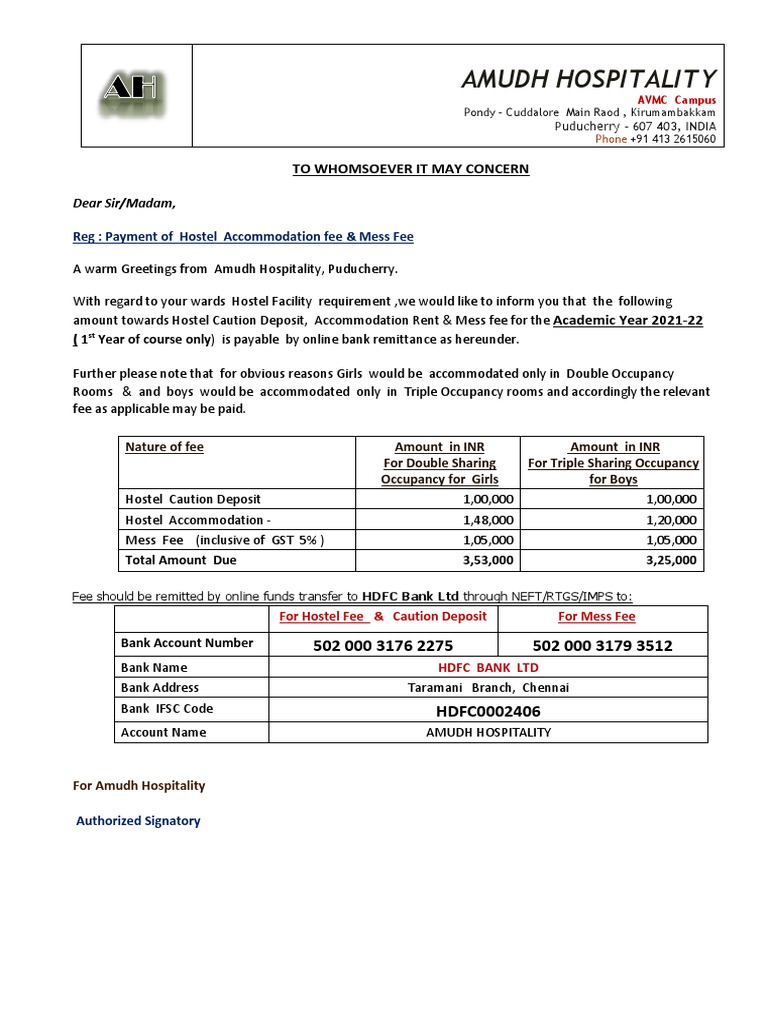 Amudh Hospitality Mess Fee Details | PDF | Banks | Fee