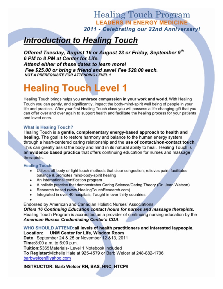 Introduction To Healing Touch, September 9th at UNM Center For Life | PDF