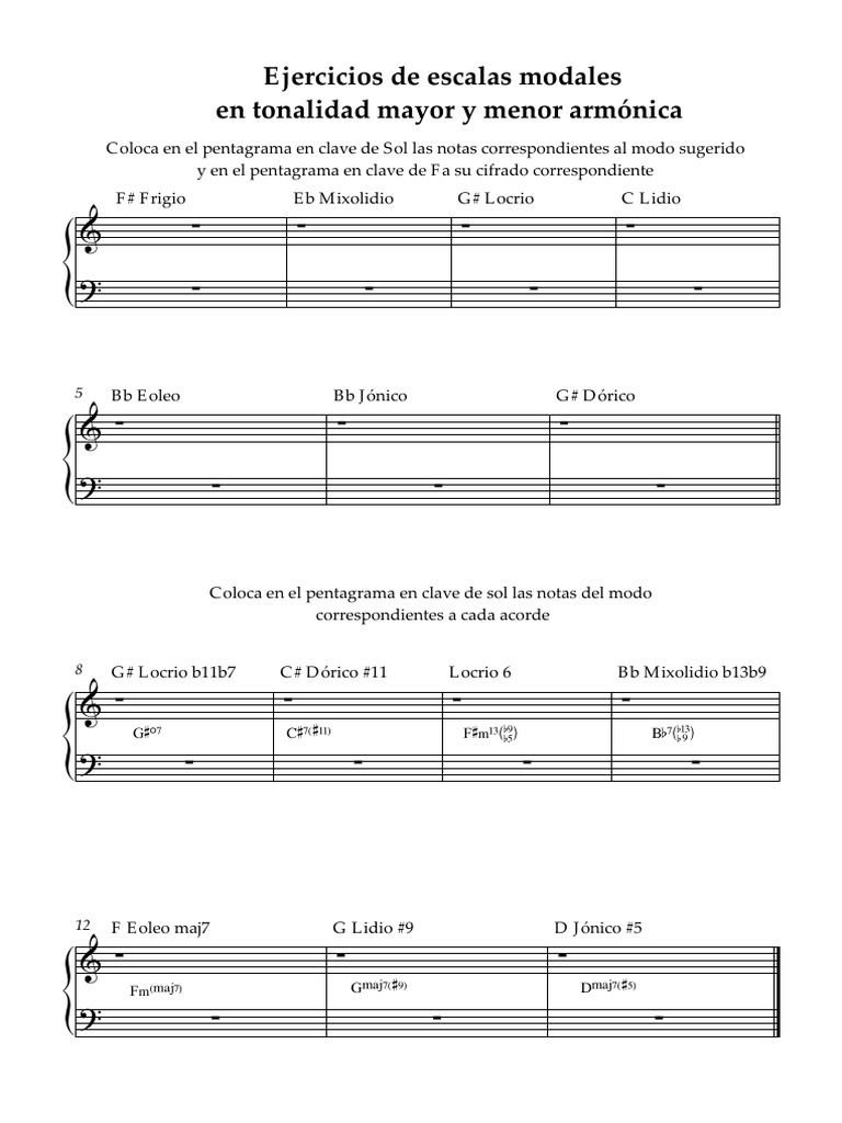 Ejercicios de Escalas Modales en Tonalidad Mayor y Menor Armónica PDF