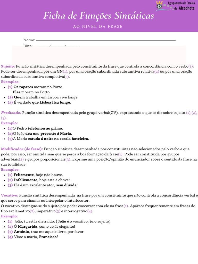 Ficha de Funções Sintáticas | PDF | Assunto (gramática) | Mecânica da ...