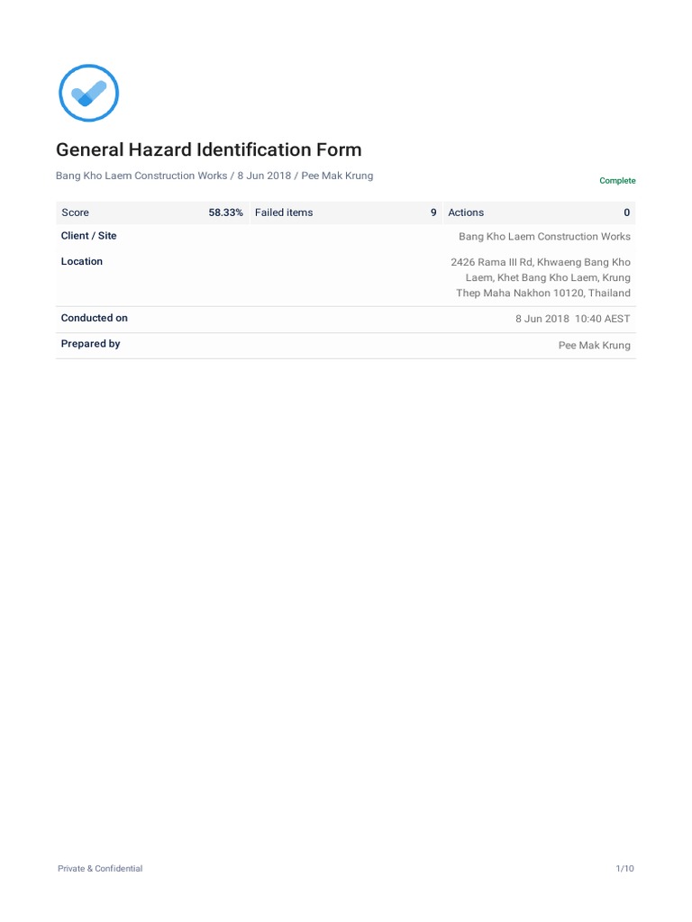 General Hazard Identification Form Sample Report PDF Personal