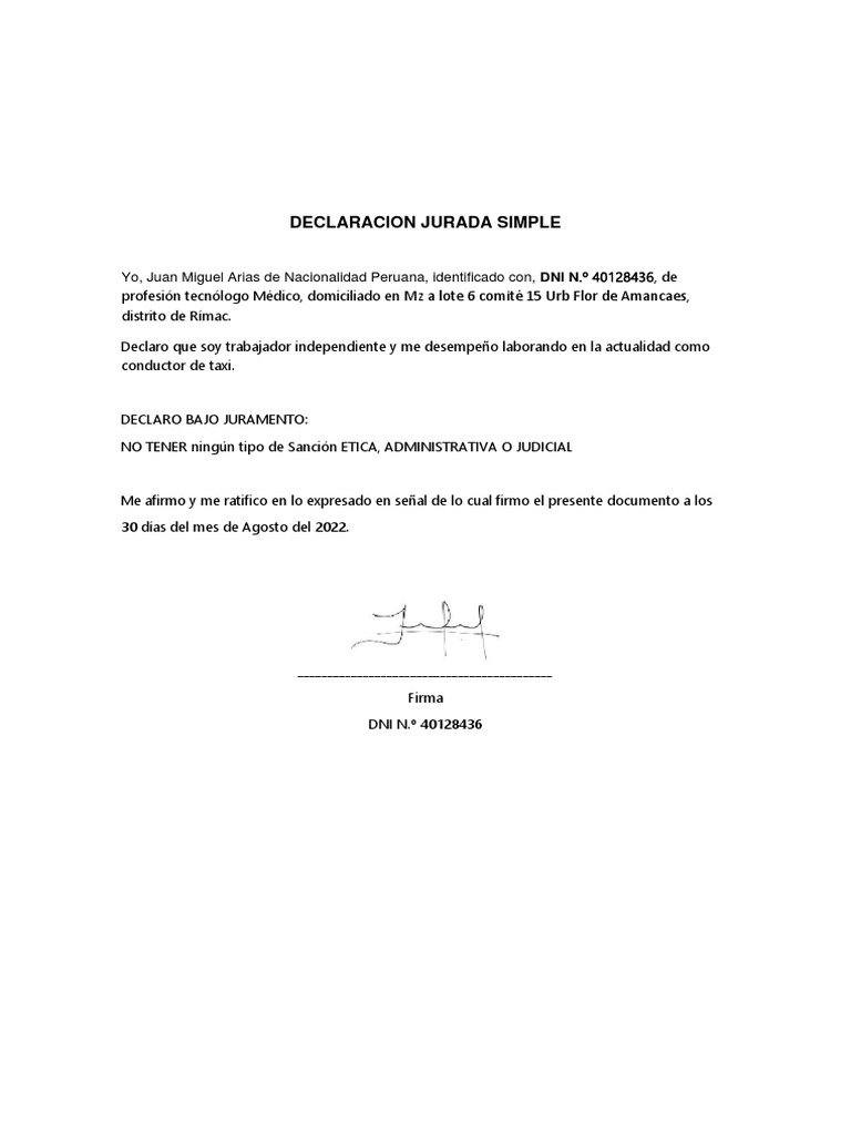 Declaración Jurada Simple de Juan Arias | PDF | Finanzas y dinero | Derecho