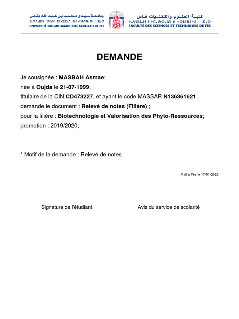 Demande de relevé de notes universitaire | PDF