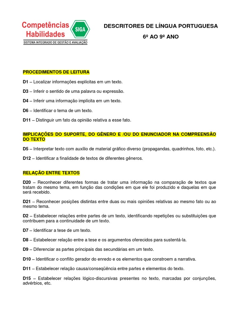 Descritores de Língua Portuguesa 9º Ano | PDF