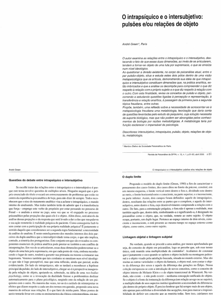 André Green - O Intrapsíquico e o Intersubjetivo - Pulsões e Ou ...