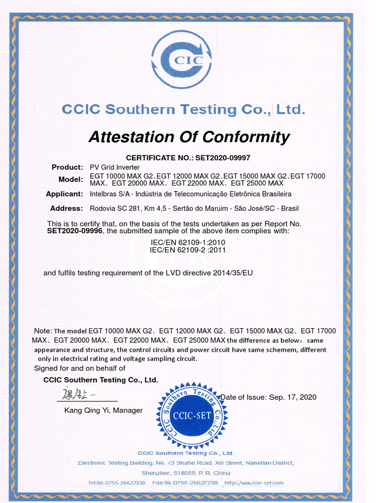 Certicado IEC 62109 - EGT 20000 25000 MAX | PDF