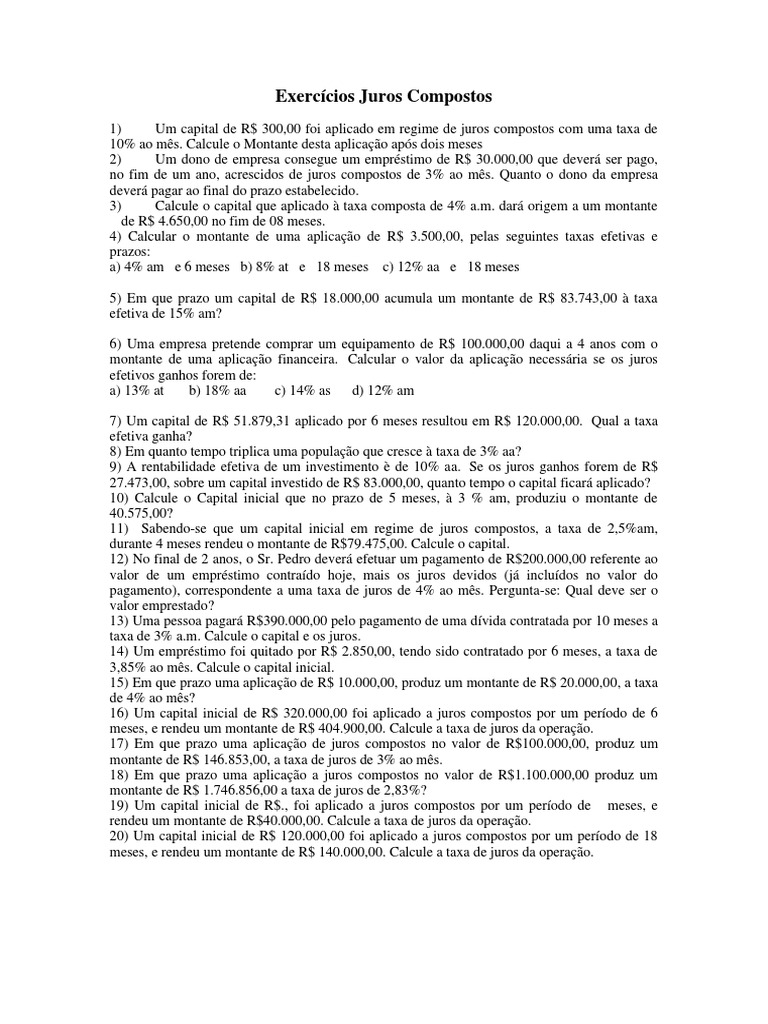 Exercícios Práticos de Juros Compostos | PDF | Juros | Comércio