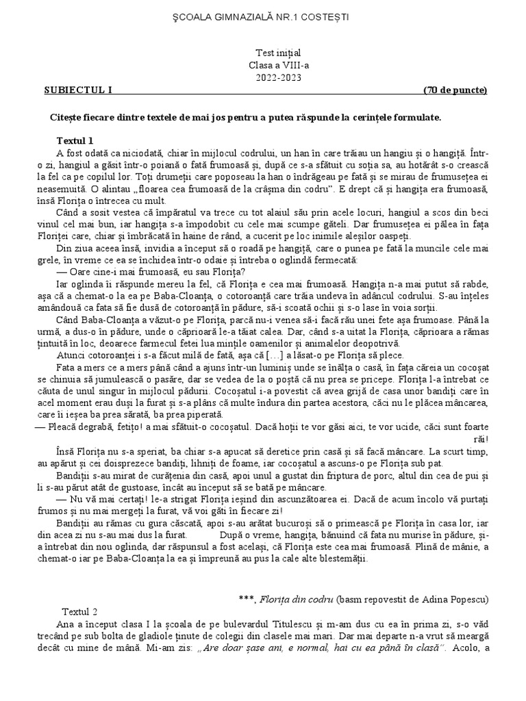 Test Initial Clasa A 8 | PDF